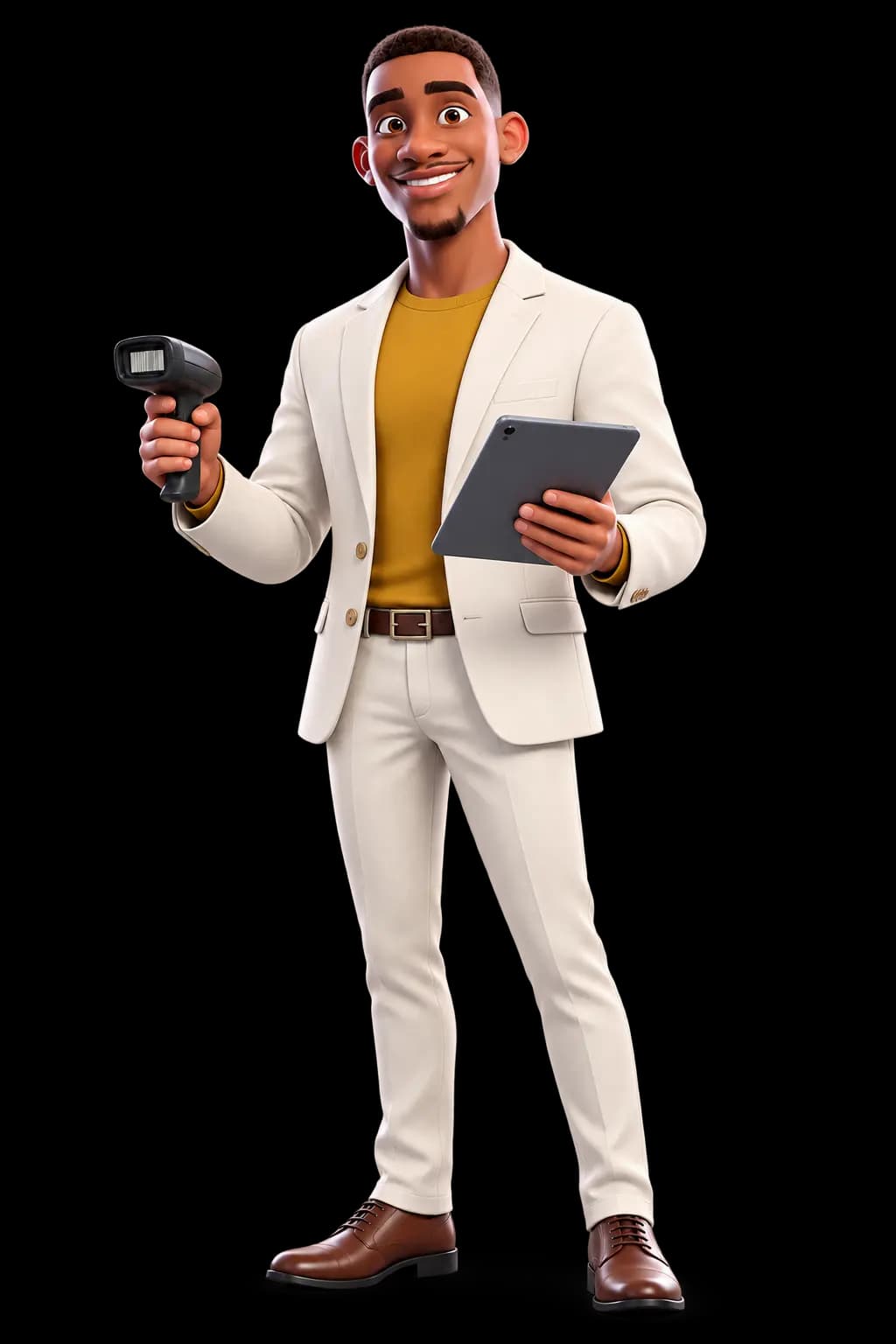 The MigStore character scanning a technology asset with a barcode scanner and tablet